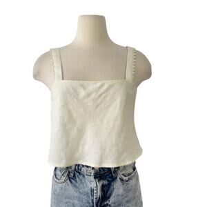 House of Harlow Linen Blend Beaded Cropped Tank Top Cream 10 NWT